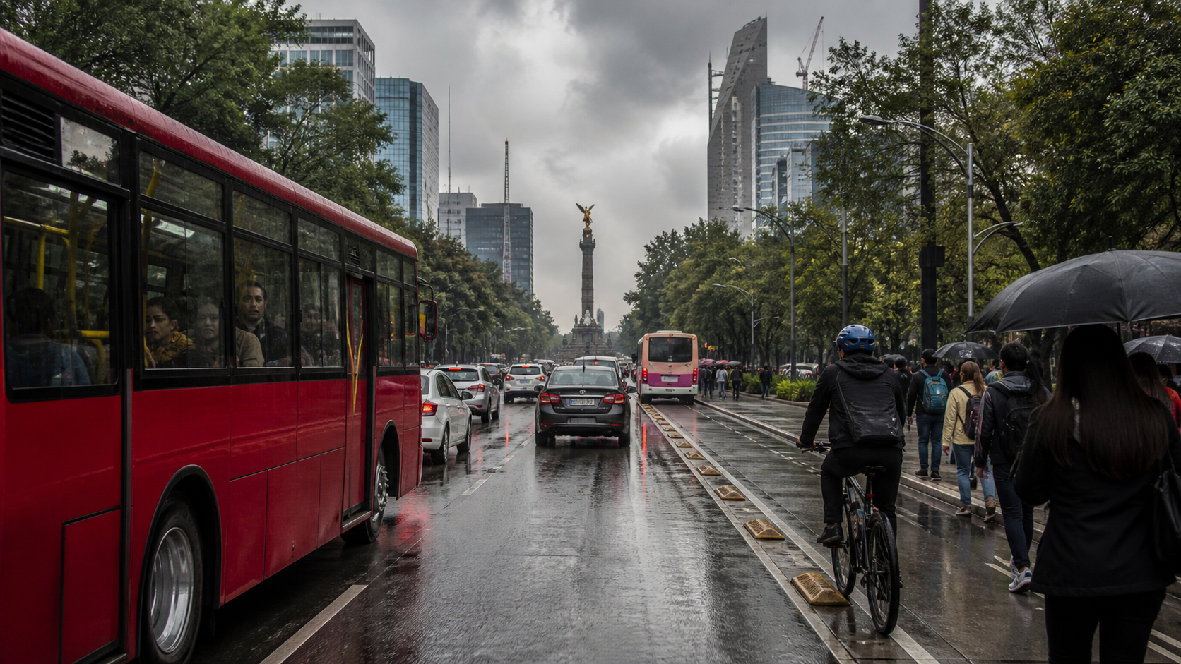 Avenida de Ciudad de México con tráfico bajo nubes de lluvia y pantallas de movilidad