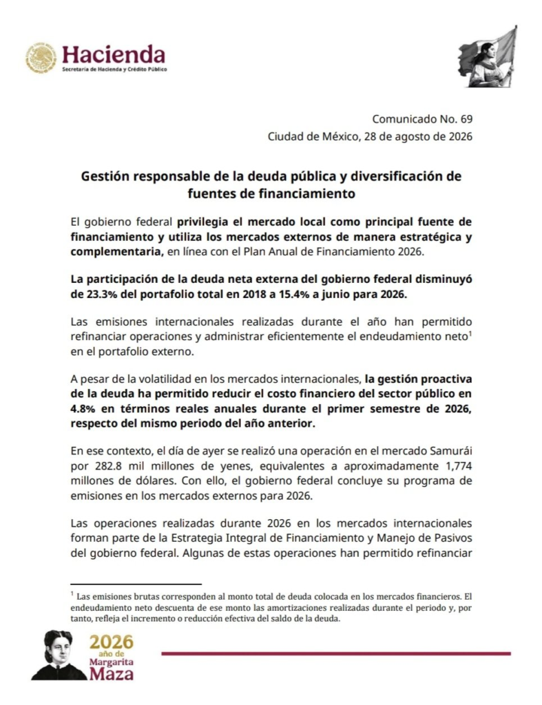 Comunicado de Hacienda sobre gestión de la deuda pública y emisión de bonos Samurái en 2026