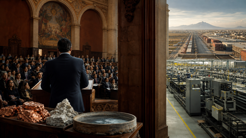 Foro diplomático en un anfiteatro histórico frente a una fábrica y corredor de exportación mexicanos.