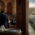 Foro diplomático en un anfiteatro histórico frente a una fábrica y corredor de exportación mexicanos.