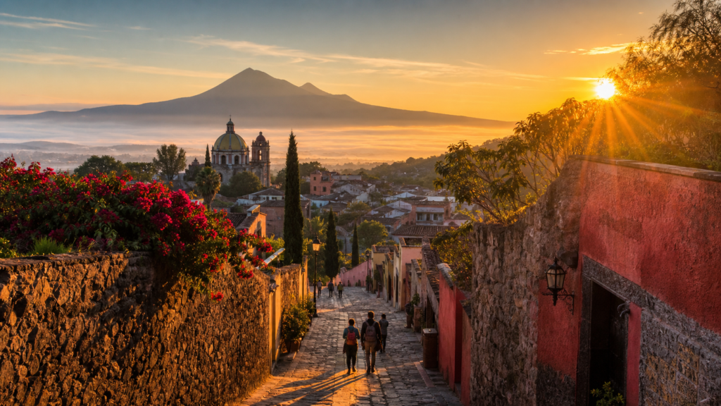 Paisaje turístico mexicano al amanecer con un pueblo colonial, montañas y viajeros en un camino.