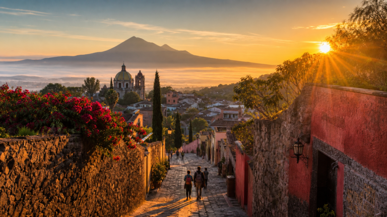 Paisaje turístico mexicano al amanecer con un pueblo colonial, montañas y viajeros en un camino.